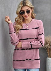 Pink tops,Striped tops,Striped Long Sleeve Round Neck Sweatshirt
