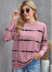 Pink tops,Striped tops,Striped Long Sleeve Round Neck Sweatshirt