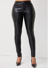 Solid Skinny Button Detail Leather Pants