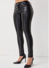 Black bottoms,Plain Color bottoms,Solid Skinny Button Detail Leather Pants