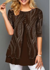 ROTITA Layered Hem Round Neck Lace Panel T Shirt