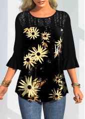 ROTITA Round Neck Floral Print Three Quarters Sleeve T Shirt