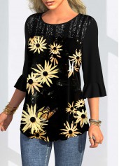 Black tops,Floral tops,ROTITA Round Neck Floral Print Three Quarters Sleeve T Shirt