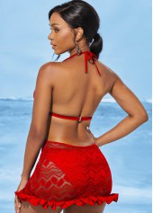 Red swimwear,Plain Color swimwear,ROTITA Halter Lace Solid Open Back Swimdress and Panty