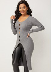 Grey tops,Plain Color tops,Cutout Design Front Slit Long Sleeve Sweater