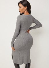 Grey tops,Plain Color tops,Cutout Design Front Slit Long Sleeve Sweater