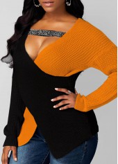 Black tops,Contrast Color tops,Long Sleeve Asymmetric Hem Contrast Sweater