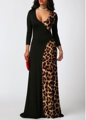 ROTITA Contrast Leopard 3/4 Sleeve Maxi Dress