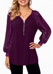 Purple tops,Plain Color tops,ROTITA Solid Quarter Zip Long Sleeve T Shirt