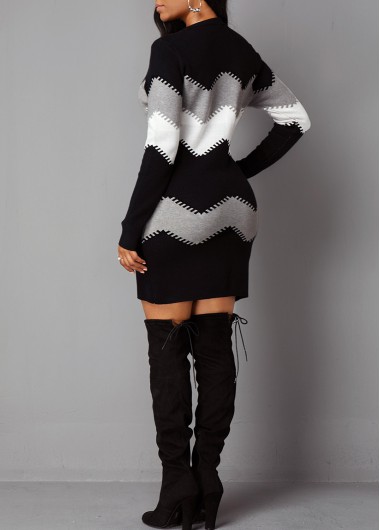 Black dresses,Contrast Color dresses,ROTITA Long Sleeve Chevron Pattern Mock Neck Sweater Dress 