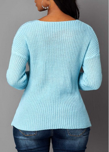 Blue tops,Plain Color tops,Long Sleeve Crossover Hem Cutout Front Sweater