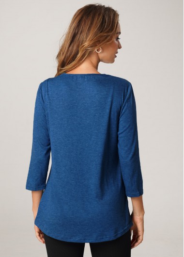 Blue tops,Plain Color tops,ROTITA Split Neck 3/4 Sleeve Solid T Shirt