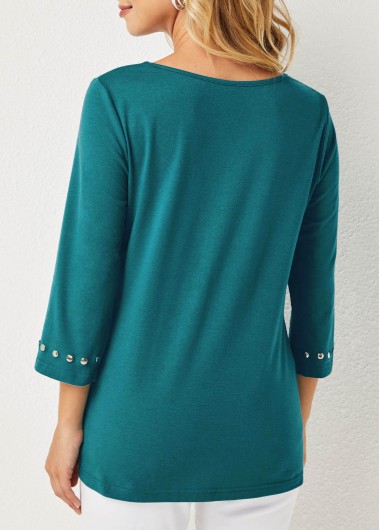 Green tops,Plain Color tops,ROTITA Round Neck Cutout Front 3/4 Sleeve T Shirt