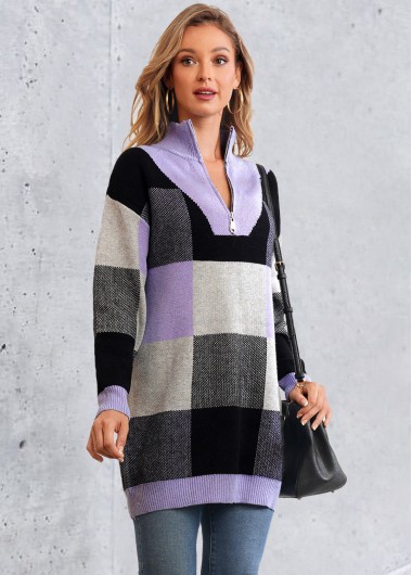 Multi Color tops,Plaid tops,Plaid Quarter Zip Long Sleeve Sweater