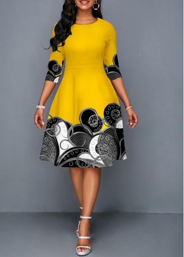 Ginger dresses,Tribal dresses,ROTITA Round Neck Tribal Print Three Quarters Sleeve Dress