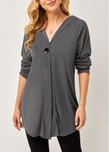 Grey tops,Plain Color tops,ROTITA One Button Solid Long Sleeve Hoodie