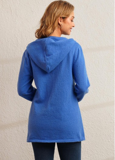 Peacock Blue tops,Plain Color tops,ROTITA Hooded Collar Zipper Closure Blue Cardigan
