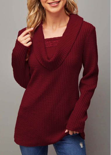 Wine Red tops,Plain Color tops,ROTITA Lace Patchwork Wine Red Draped Neck Valentines Sweatshirt