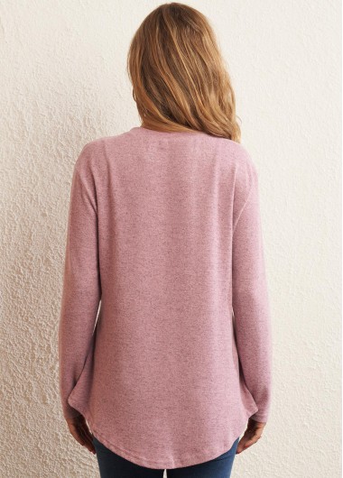 Pink tops,Plain Color tops,Pink Decorative Button Round Neck Long Sleeve T Shirt