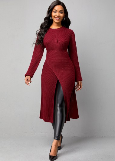 Wine Red tops,Plain Color tops,ROTITA Cross Front Wine Red Long Sleeve Sweater