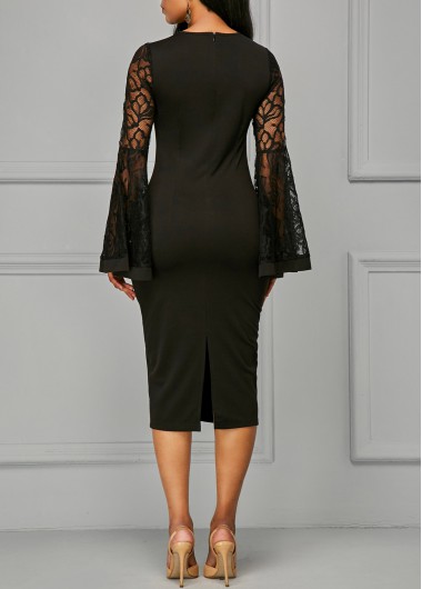 Black dresses,Geometric dresses,ROTITA Geometric Print Lace Patchwork Round Neck Dress