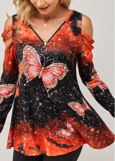 Orange tops,Animal Print tops,Cold Shoulder Quarter Zip Butterfly Print T Shirt
