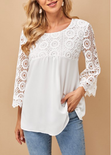 White tops,Plain Color tops,ROTITA Lace Stitching Round Neck 3/4 Sleeve T Shirt