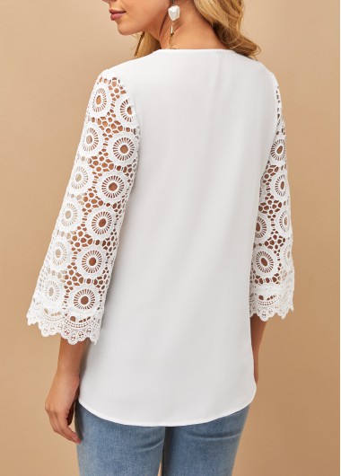 White tops,Plain Color tops,ROTITA Lace Stitching Round Neck 3/4 Sleeve T Shirt