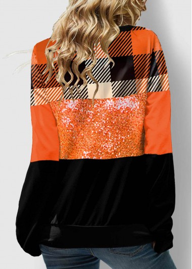 Orange tops,Plaid tops,ROTITA Lace Up Plaid Orange Sequin Sweatshirt