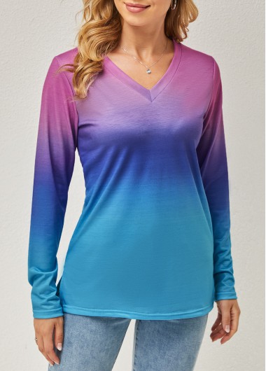 Multi Color tops,Ombre tops,Ombre V Neck Long Sleeve T Shirt