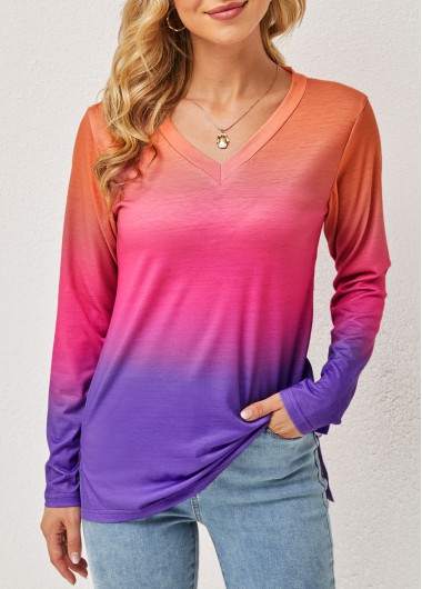 Multi Color tops,Ombre tops,Ombre V Neck Long Sleeve T Shirt
