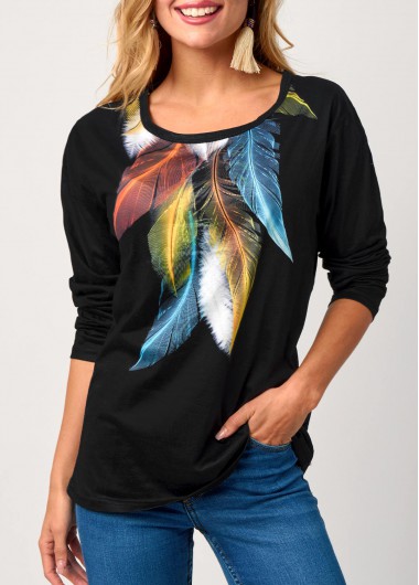 Black tops,Tribal tops,Rainbow Feathers Black Round Neck T Shirt