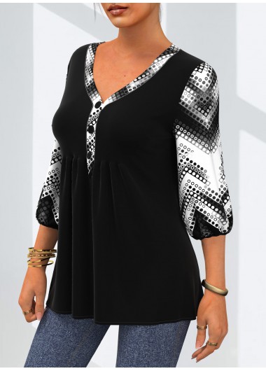 Black tops,Geometric tops,ROTITA Geometric Print Decorative Button V Neck T Shirt