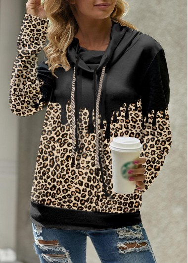 Black tops,Leopard tops,ROTITA Leopard Cowl Neck Long Sleeve Sweatshirt