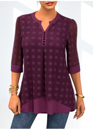 Dark Purple tops,Dot tops,ROTITA Layered Lace Stitching Polka Dot Blouse