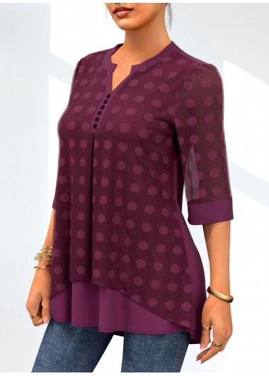Dark Purple tops,Dot tops,ROTITA Layered Lace Stitching Polka Dot Blouse