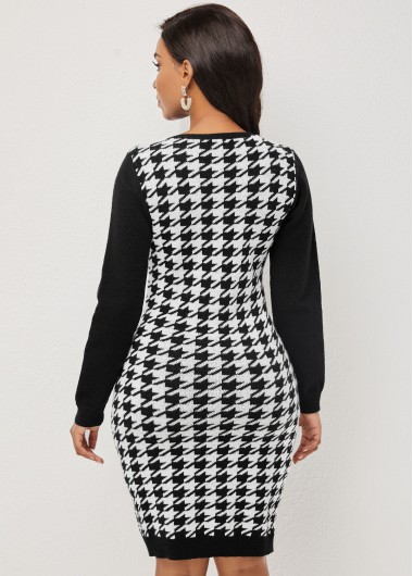 Houndstooth dresses,ROTITA Color Block Long Sleeve Houndstooth Print Sweater Dress