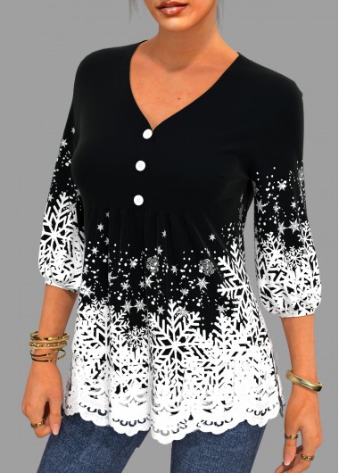 Black tops,Christmas tops,ROTITA Christmas Snowflake Print Lace Patchwork V Neck Blouse