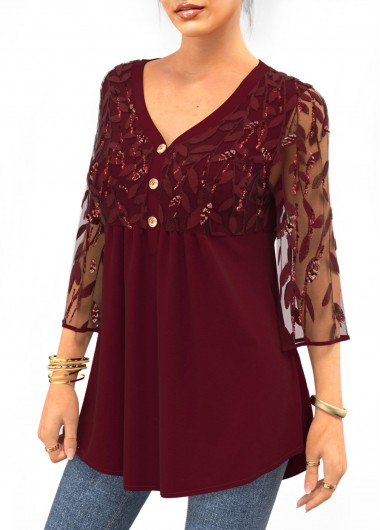 Wine Red tops,Plain Color tops,ROTITA Sequin Lace Stitching 3/4 Sleeve Solid T Shirt