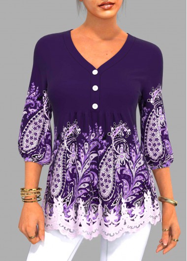 Purple tops,Tribal tops,ROTITA 3/4 Sleeve Tribal Print Lace Stitching Blouse