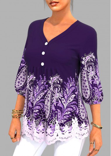 Purple tops,Tribal tops,ROTITA 3/4 Sleeve Tribal Print Lace Stitching Blouse