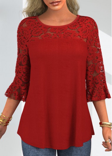 Red tops,Plain Color tops,ROTITA Flare Cuff Lace Stitching Round Neck T Shirt