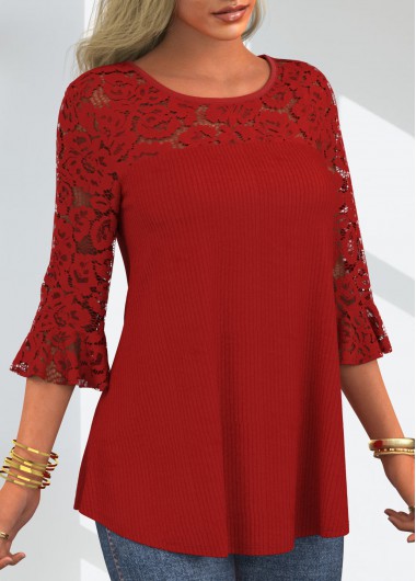 Red tops,Plain Color tops,ROTITA Flare Cuff Lace Stitching Round Neck T Shirt
