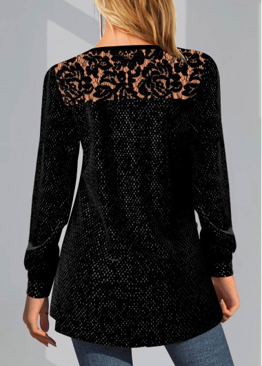 Black tops,Plain Color tops,ROTITA Solid Lace Patchwork Round Neck Long Sleeve Sweatshirt