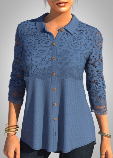 Blue tops,Plain Color tops,ROTITA Solid Lace Patchwork Turndown Collar Long Sleeve Blouse