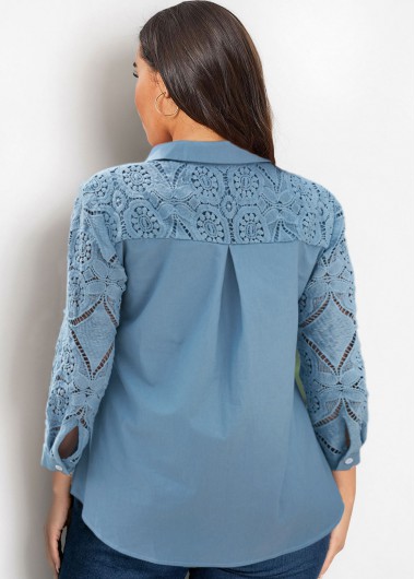 Blue plus size,Plain Color plus size,ROTITA Faux Denim Plus Size Lace Stitching Blouse