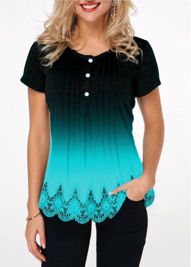 Cyan tops,Ombre tops,ROTITA Gradient Button Detail Lace Hem T Shirt