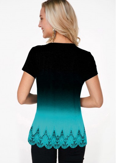 Cyan tops,Ombre tops,ROTITA Gradient Button Detail Lace Hem T Shirt