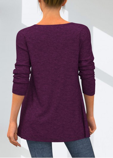 Dark Purple tops,Contrast Color tops,ROTITA Faux Two Piece Cross Strap Long Sleeve T Shirt