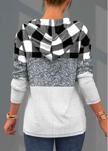 Grey tops,Plaid tops,ROTITA Plaid Lace Patchwork Long Sleeve Hoodie